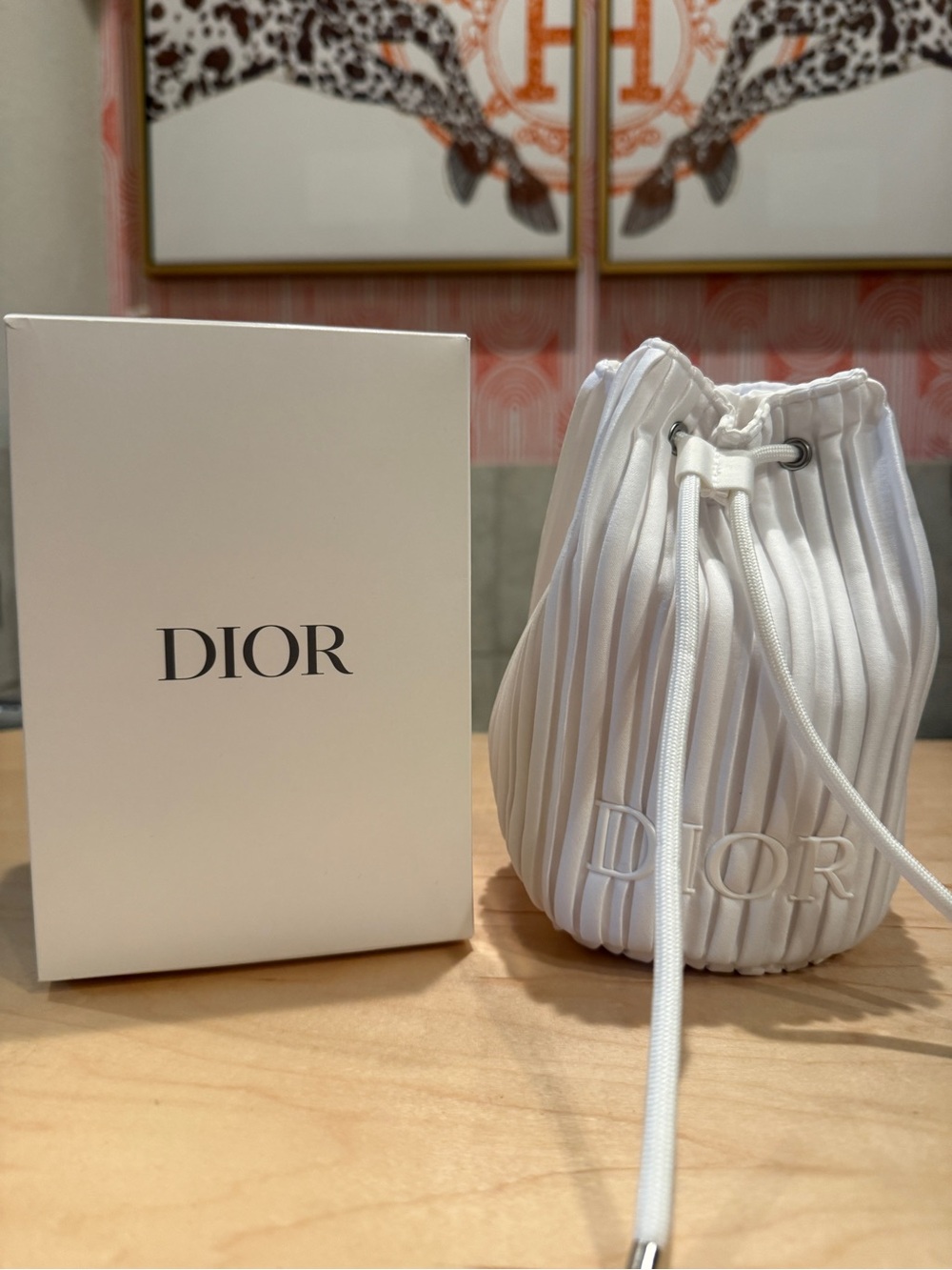 Dior White Pleated Logo Drawstring Pouch